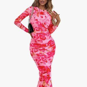Women's Bodycon Maxi Dress Spring Fashion Long Sleeve Floral Tight Fitted Party